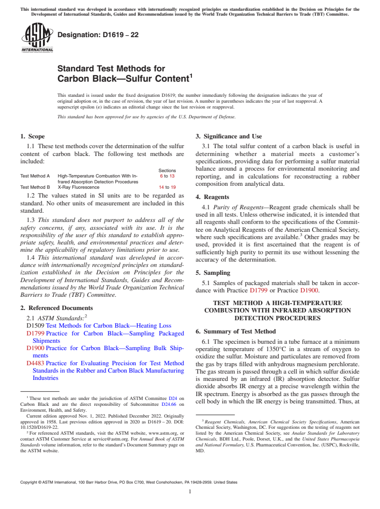 ASTM D1619-22 - Standard Test Methods for  Carbon Black—Sulfur Content