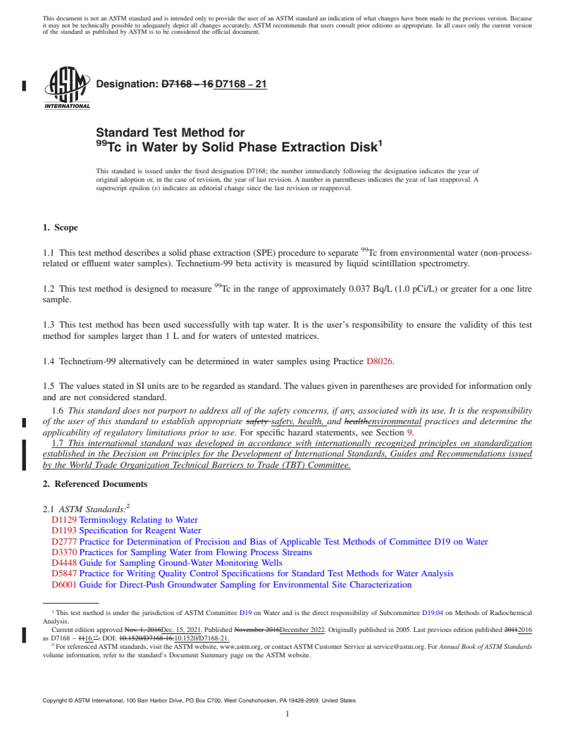 REDLINE ASTM D7168-21 - Standard Test Method for  <sup>99</sup>Tc in Water by Solid Phase Extraction Disk