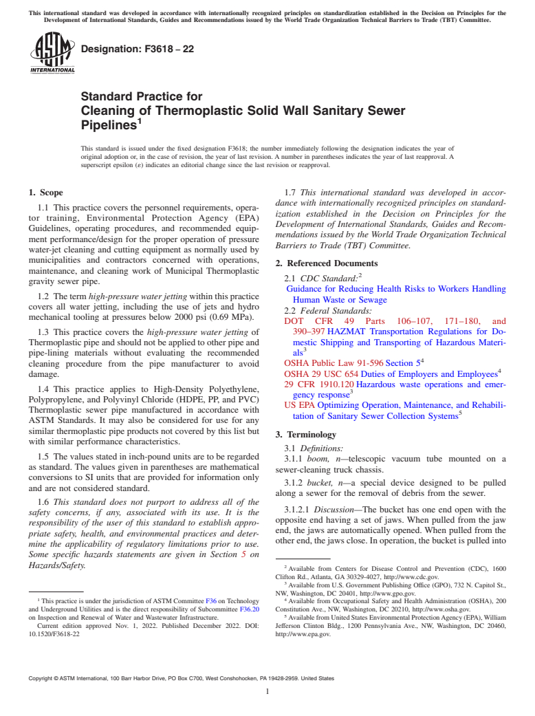 ASTM F3618-22 - Standard Practice for Cleaning of Thermoplastic Solid Wall Sanitary Sewer Pipelines