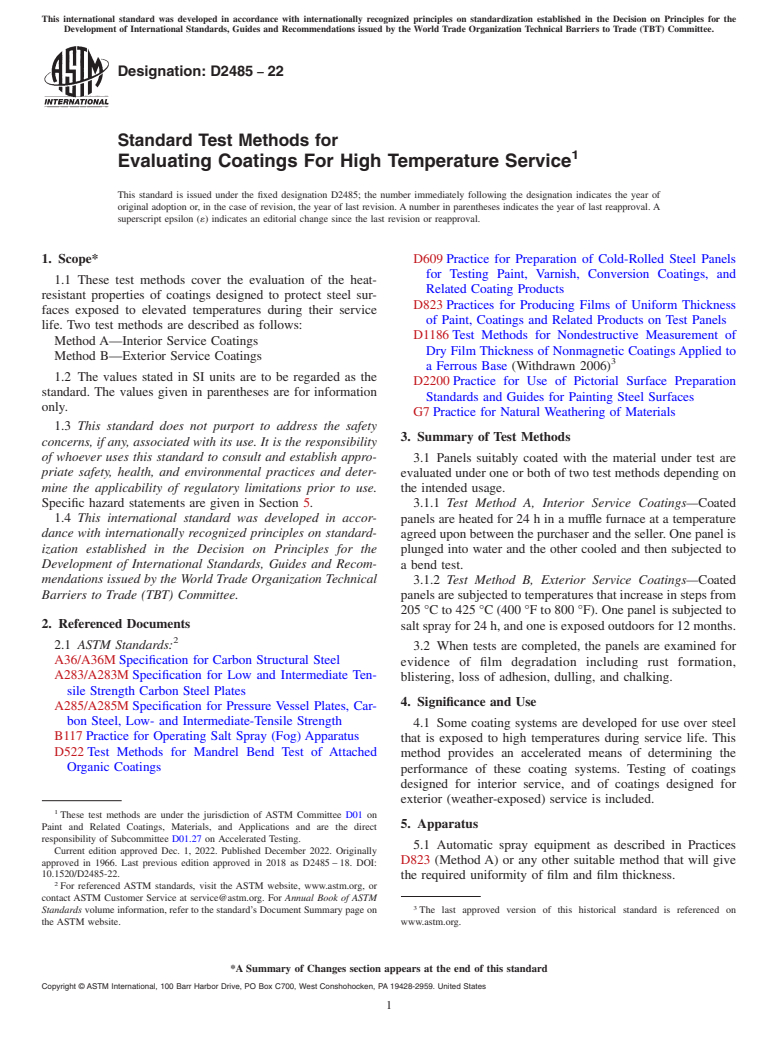 ASTM D2485-22 - Standard Test Methods for Evaluating Coatings For High Temperature Service