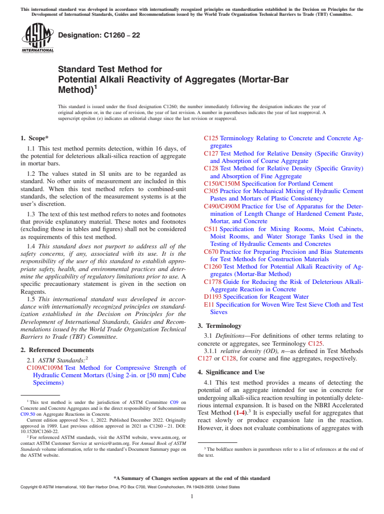 ASTM C1260-22 - Standard Test Method for  Potential Alkali Reactivity of Aggregates (Mortar-Bar Method)