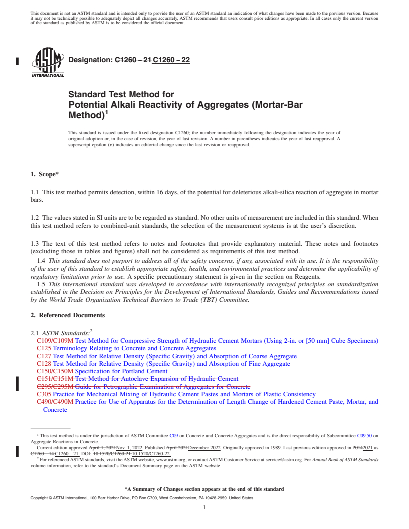 REDLINE ASTM C1260-22 - Standard Test Method for  Potential Alkali Reactivity of Aggregates (Mortar-Bar Method)