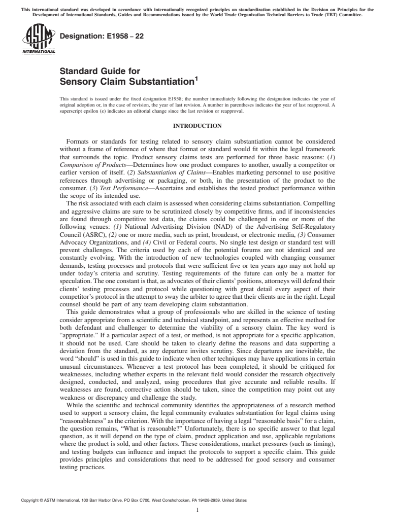ASTM E1958-22 - Standard Guide for Sensory Claim Substantiation