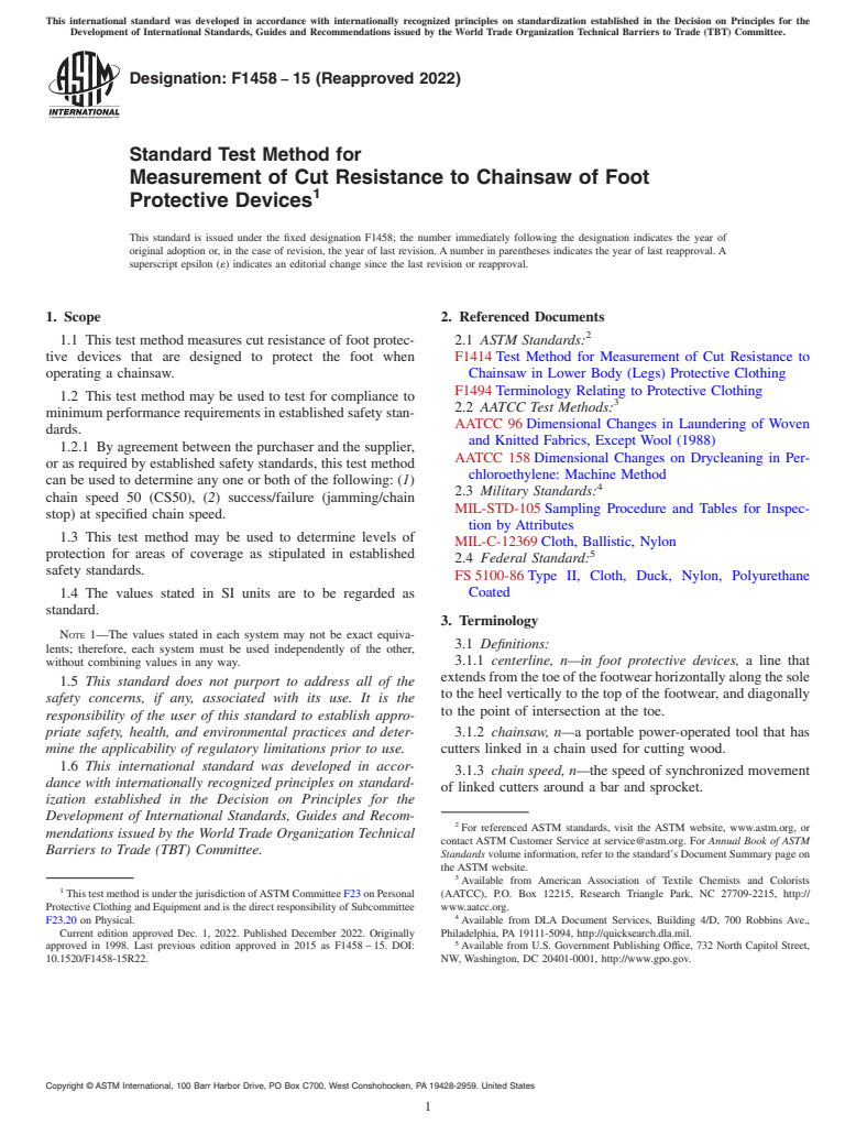 ASTM F1458-15(2022) - Standard Test Method for Measurement of Cut Resistance to Chainsaw of Foot Protective  Devices