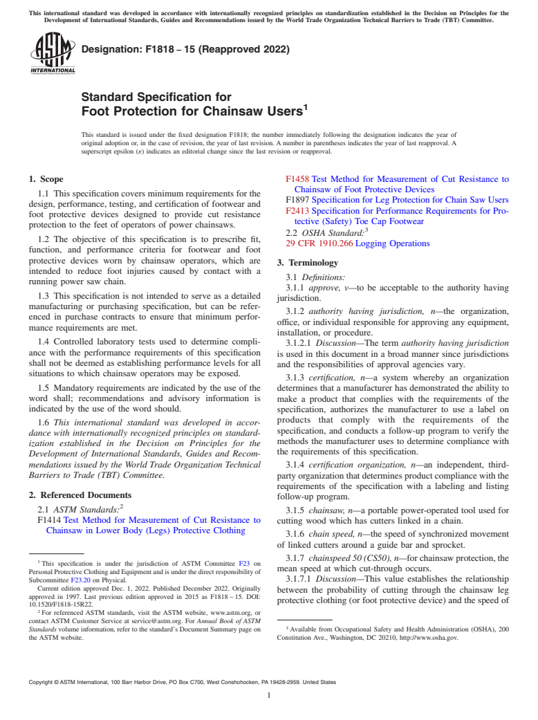 ASTM F1818-15(2022) - Standard Specification for Foot Protection for Chainsaw Users