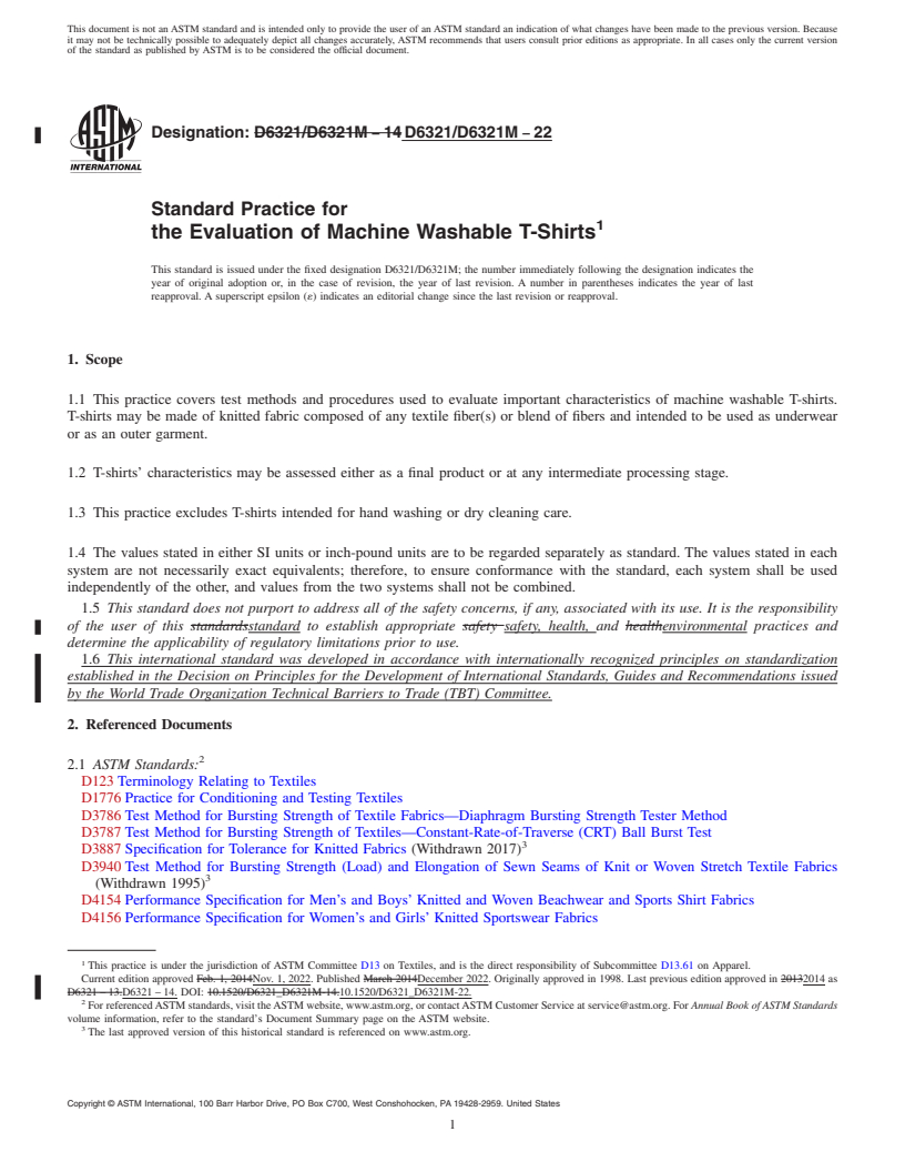 REDLINE ASTM D6321/D6321M-22 - Standard Practice for  the Evaluation of Machine Washable T-Shirts