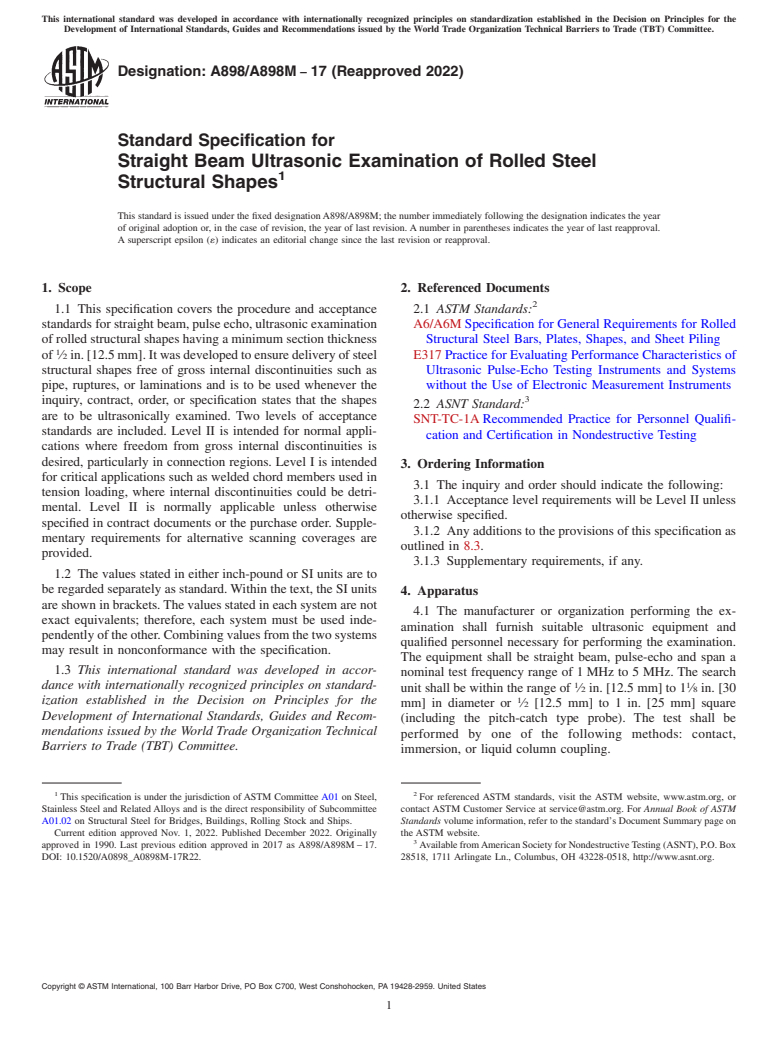 ASTM A898/A898M-17(2022) - Standard Specification for  Straight Beam Ultrasonic Examination of Rolled Steel Structural  Shapes
