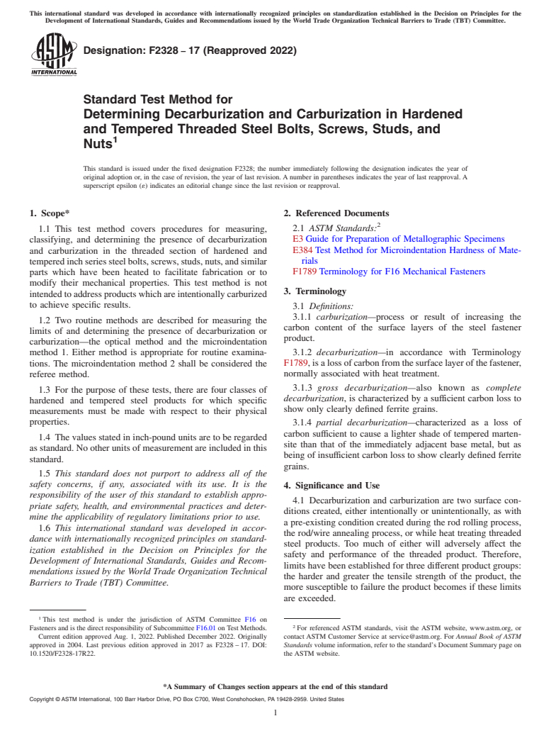 ASTM F2328-17(2022) - Standard Test Method for  Determining Decarburization and Carburization in Hardened and   Tempered Threaded Steel Bolts, Screws, Studs, and Nuts