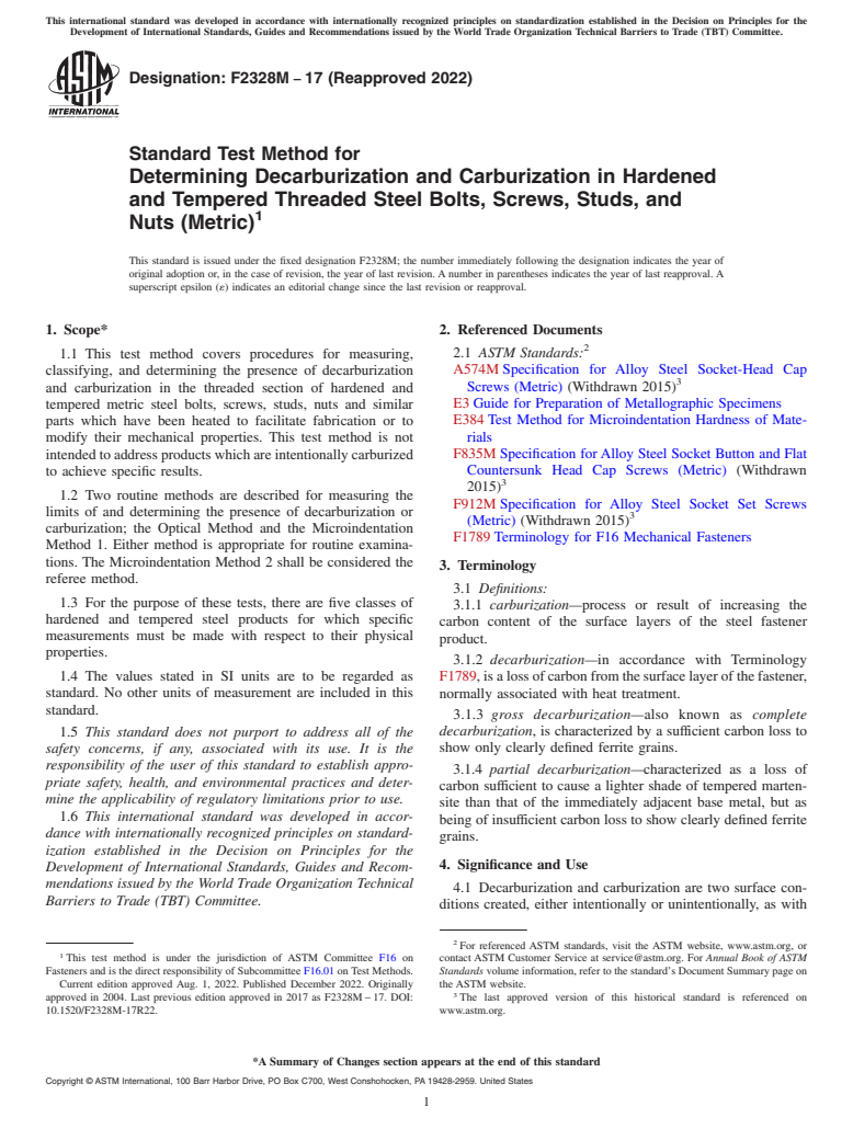 ASTM F2328M-17(2022) - Standard Test Method for  Determining Decarburization and Carburization in Hardened and   Tempered Threaded Steel Bolts, Screws, Studs, and Nuts (Metric)