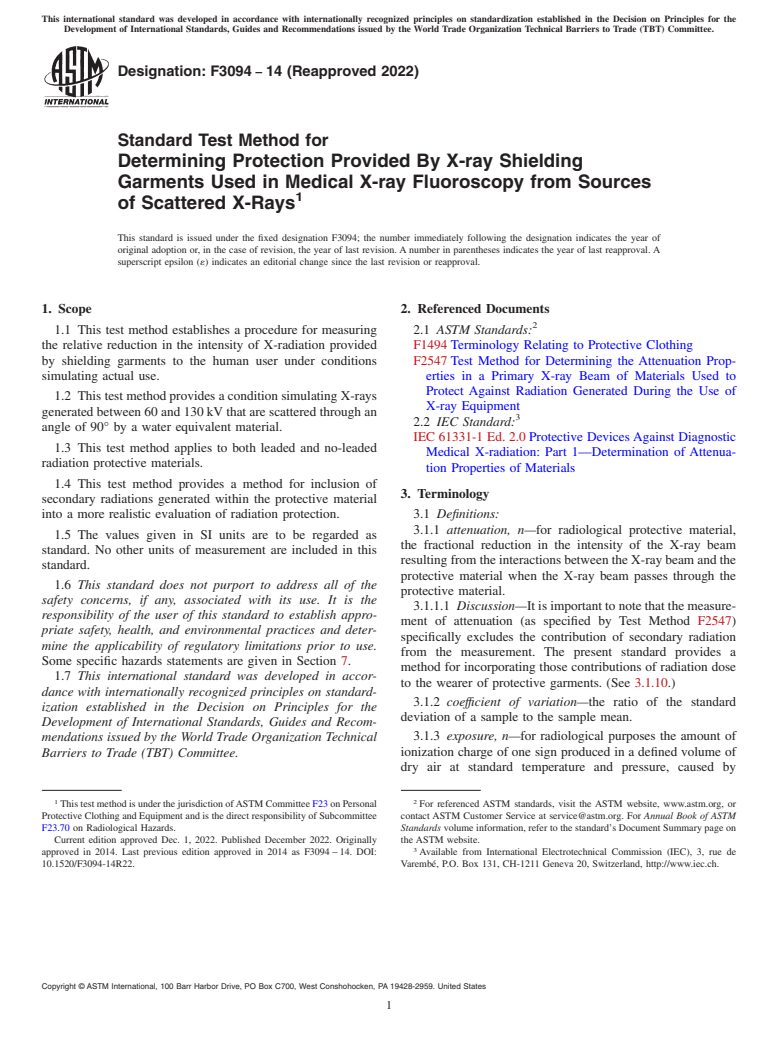 ASTM F3094-14(2022) - Standard Test Method for Determining Protection Provided By X-ray Shielding Garments  Used in Medical X-ray Fluoroscopy from Sources of Scattered X-Rays