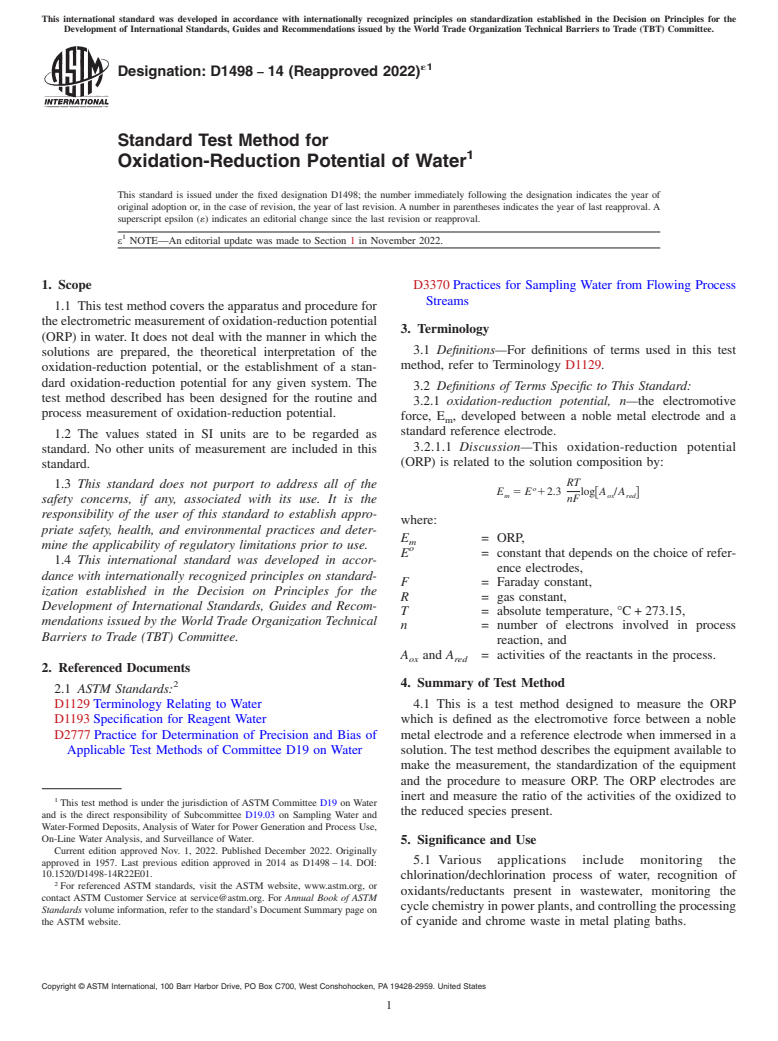 ASTM D1498-14(2022)e1 - Standard Test Method for  Oxidation-Reduction Potential of Water