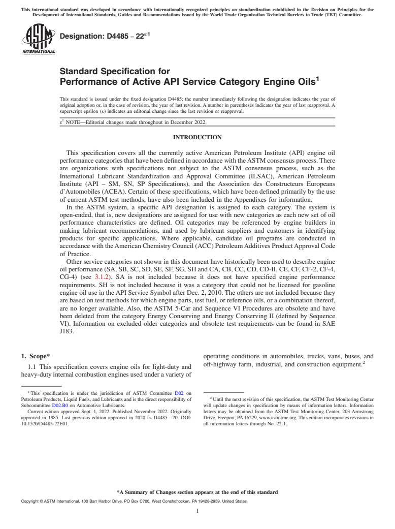 ASTM D4485-22e1 - Standard Specification for  Performance of Active API Service Category Engine Oils