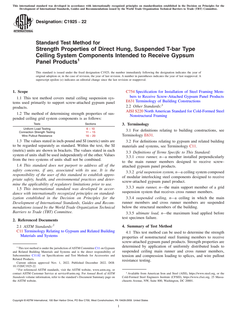 ASTM C1925-22 - Standard Test Method for Strength Properties of Direct Hung, Suspended T-bar Type Ceiling  System Components Intended to Receive Gypsum Panel Products