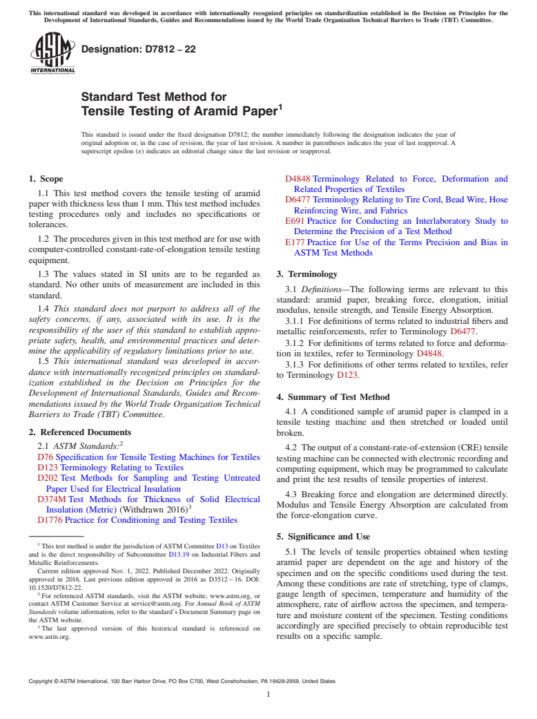 ASTM D7812-22 - Standard Test Method for Tensile Testing of Aramid Paper