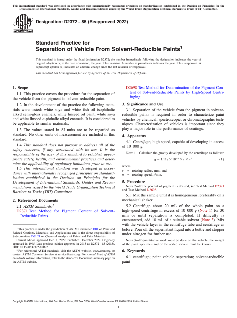 ASTM D2372-85(2022) - Standard Practice for Separation of Vehicle From Solvent-Reducible Paints