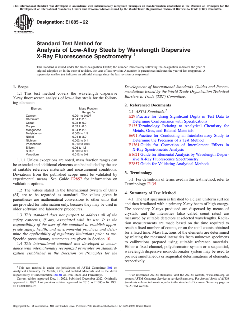ASTM E1085-22 - Standard Test Method for  Analysis of Low-Alloy Steels by Wavelength Dispersive X-Ray  Fluorescence Spectrometry