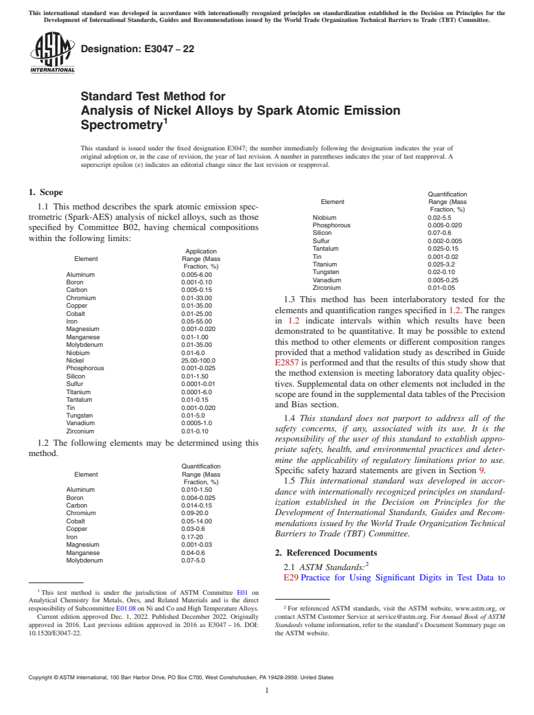 ASTM E3047-22 - Standard Test Method for Analysis of Nickel Alloys by Spark Atomic Emission Spectrometry