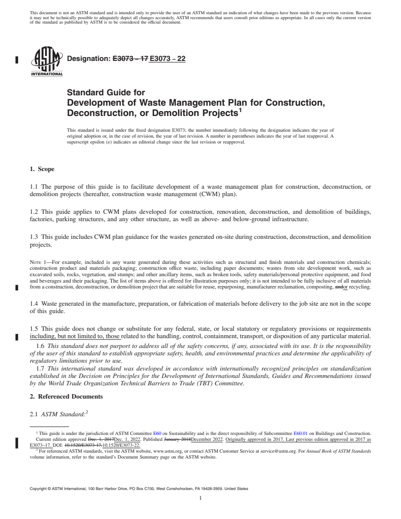 REDLINE ASTM E3073-22 - Standard Guide for Development of Waste Management Plan for Construction, Deconstruction,  or Demolition Projects