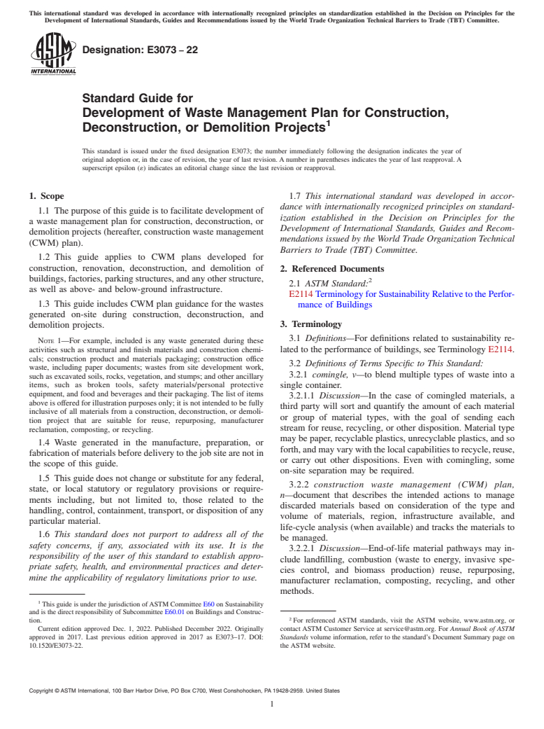 ASTM E3073-22 - Standard Guide for Development of Waste Management Plan for Construction, Deconstruction,  or Demolition Projects