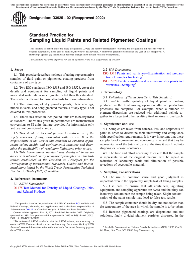 ASTM D3925-02(2022) - Standard Practice for Sampling Liquid Paints and Related Pigmented Coatings