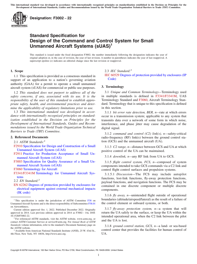 ASTM F3002-22 - Standard Specification for Design of the Command and Control System for Small Unmanned  Aircraft Systems (sUAS)