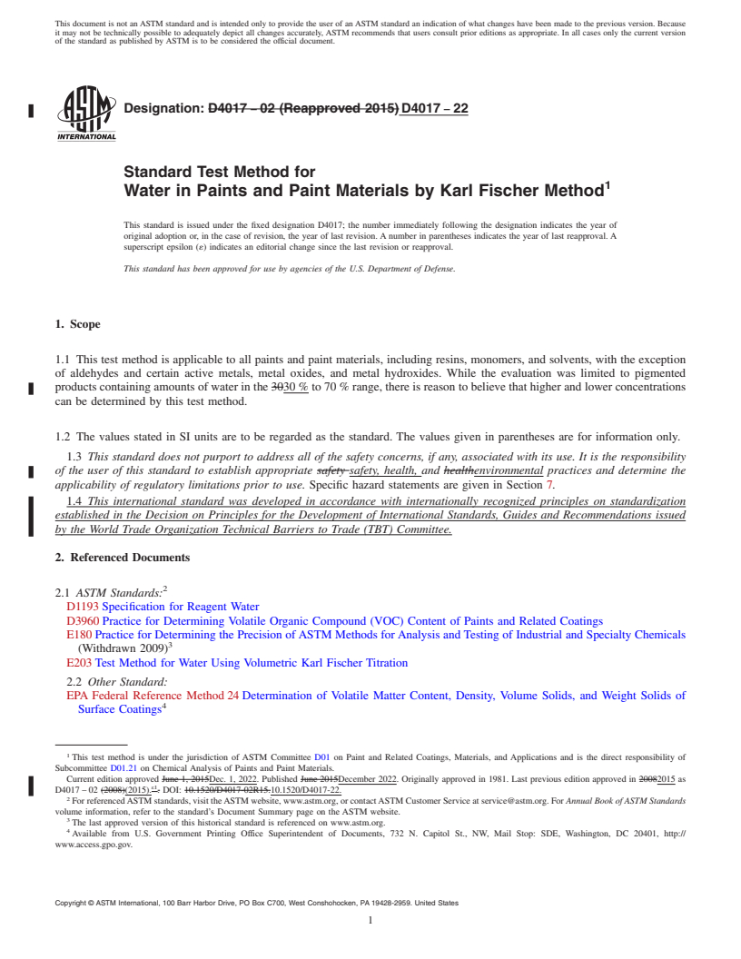 REDLINE ASTM D4017-22 - Standard Test Method for Water in Paints and Paint Materials by Karl Fischer Method