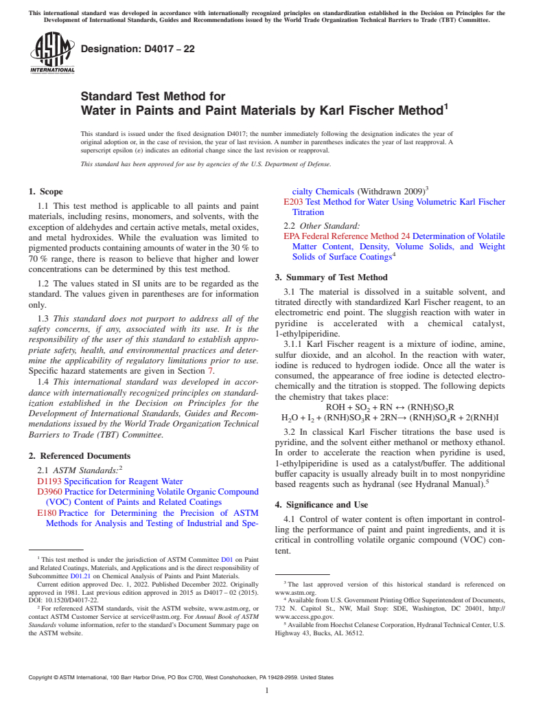 ASTM D4017-22 - Standard Test Method for Water in Paints and Paint Materials by Karl Fischer Method