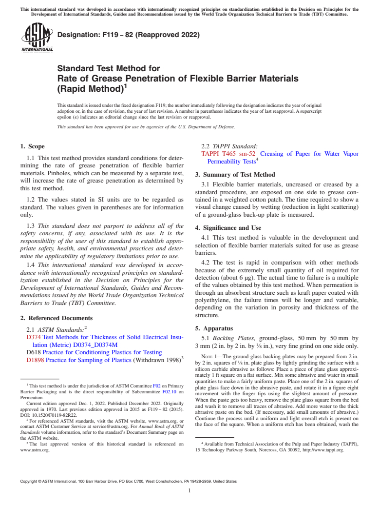 ASTM F119-82(2022) - Standard Test Method for  Rate of Grease Penetration of Flexible Barrier Materials (Rapid  Method)