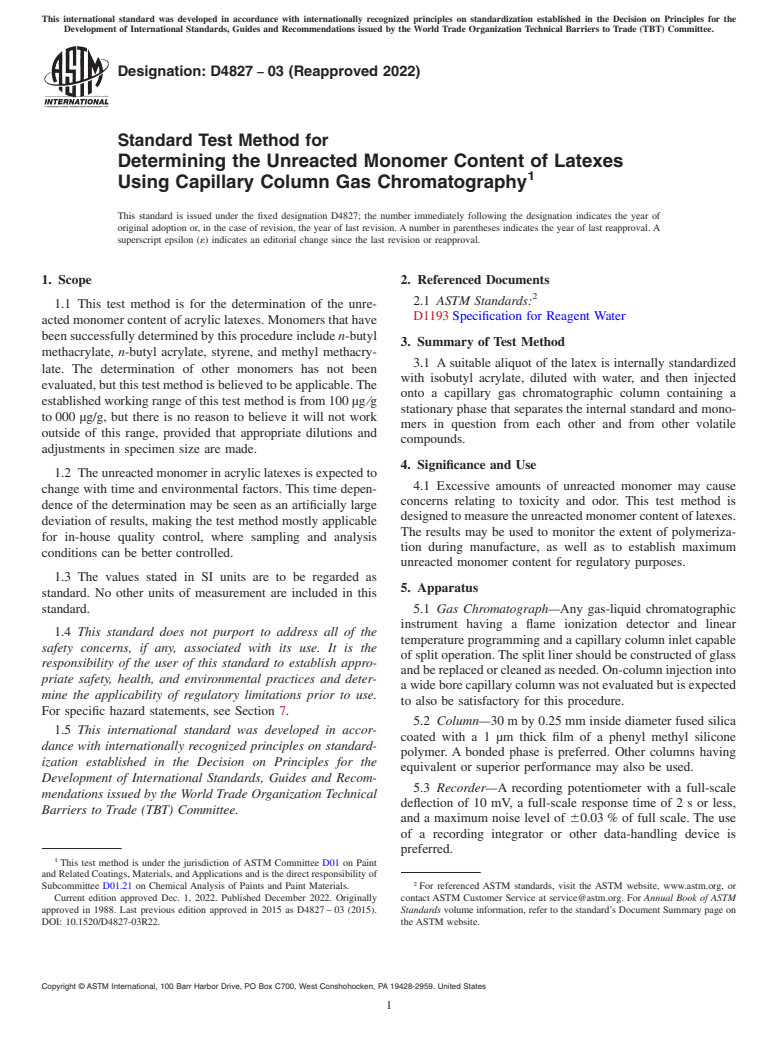 ASTM D4827-03(2022) - Standard Test Method for Determining the Unreacted Monomer Content of Latexes Using   Capillary     Column Gas Chromatography