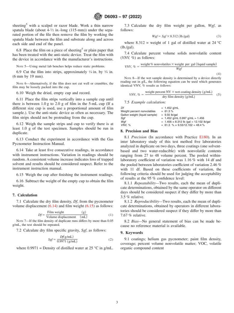 ASTM D6093-97(2022) - Standard Test Method for Percent Volume Nonvolatile Matter in Clear or Pigmented Coatings   Using  a Helium Gas Pycnometer