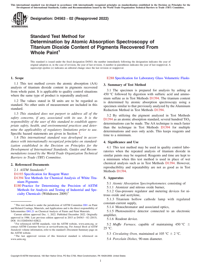 ASTM D4563-02(2022) - Standard Test Method for Determination by Atomic Absorption Spectroscopy of Titanium   Dioxide   Content of Pigments Recovered From Whole Paint