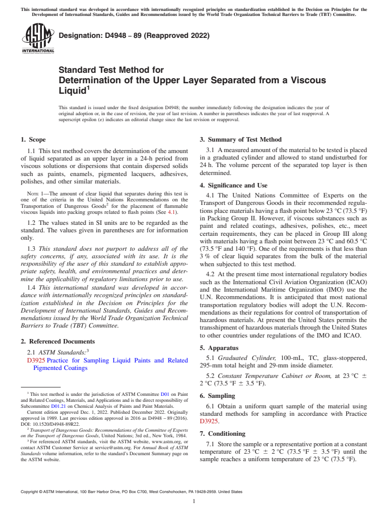 ASTM D4948-89(2022) - Standard Test Method for Determination of the Upper Layer Separated from a Viscous Liquid