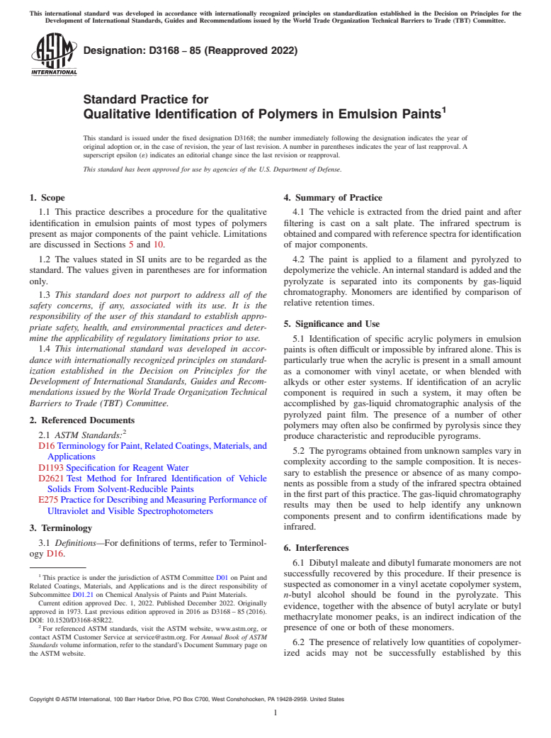 ASTM D3168-85(2022) - Standard Practice for Qualitative Identification of Polymers in Emulsion Paints