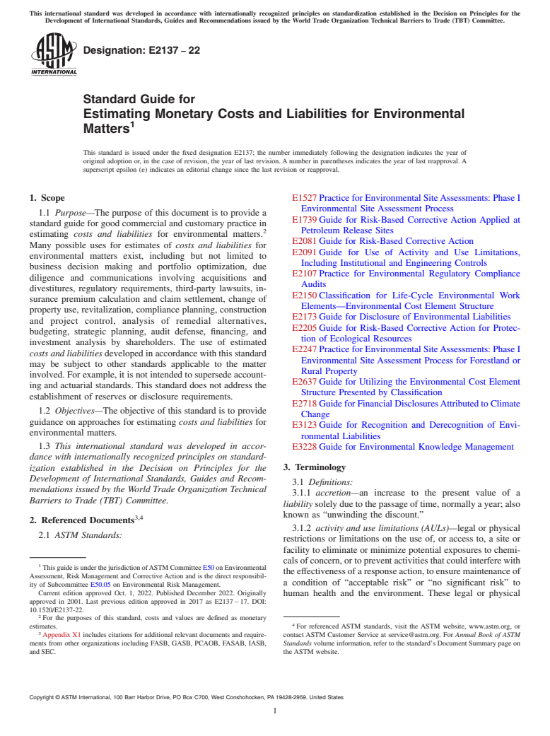ASTM E2137-22 - Standard Guide for  Estimating Monetary Costs and Liabilities for Environmental  Matters