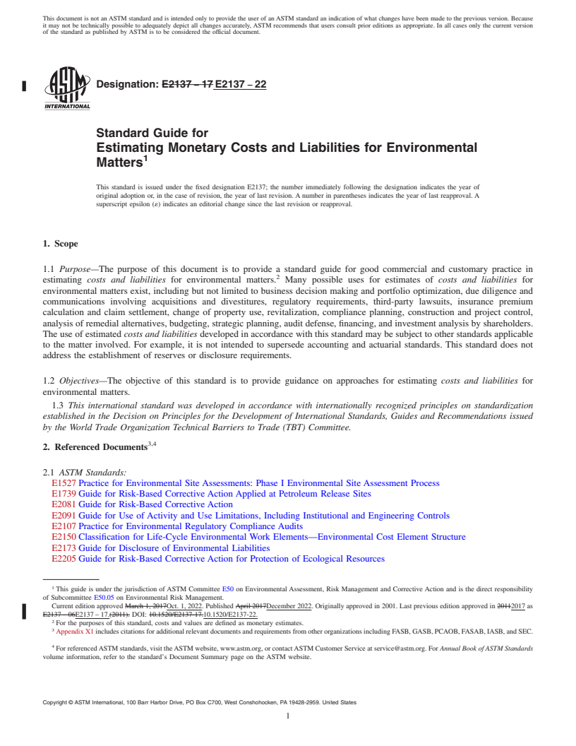 REDLINE ASTM E2137-22 - Standard Guide for  Estimating Monetary Costs and Liabilities for Environmental  Matters