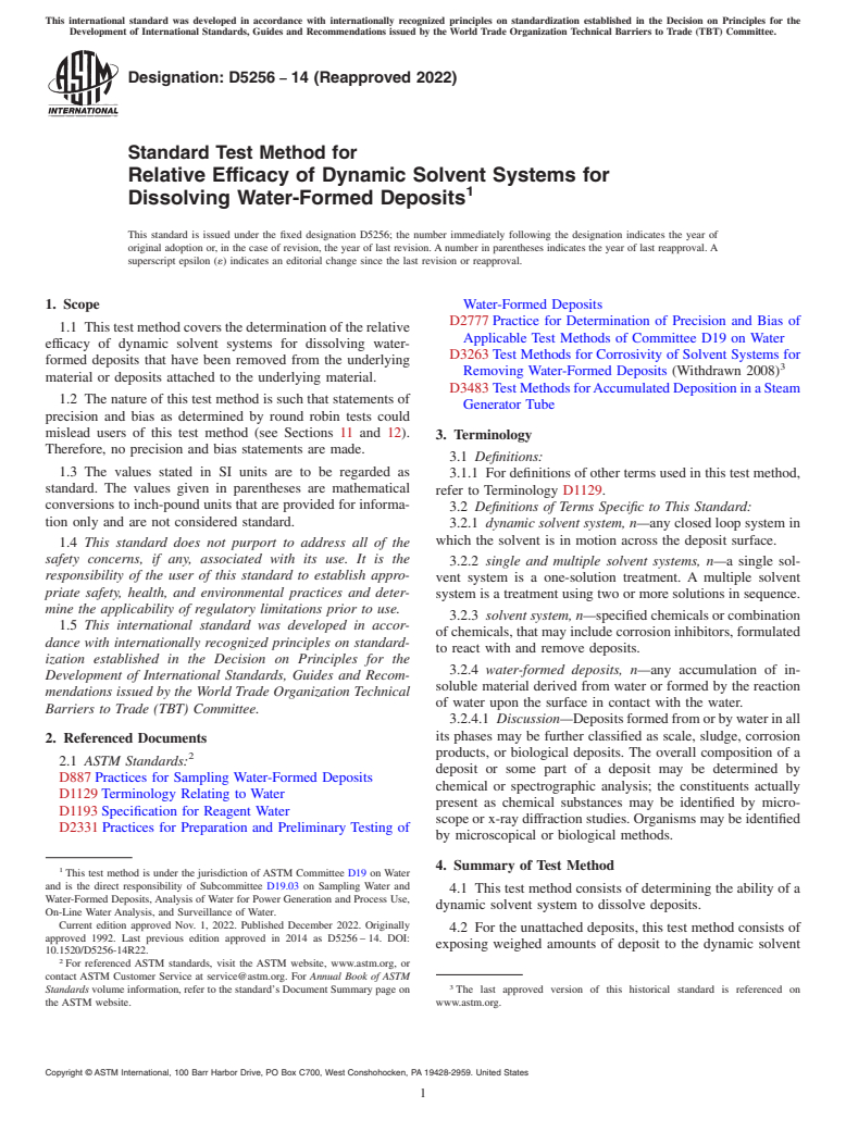 ASTM D5256-14(2022) - Standard Test Method for  Relative Efficacy of Dynamic Solvent Systems for Dissolving  Water-Formed   Deposits