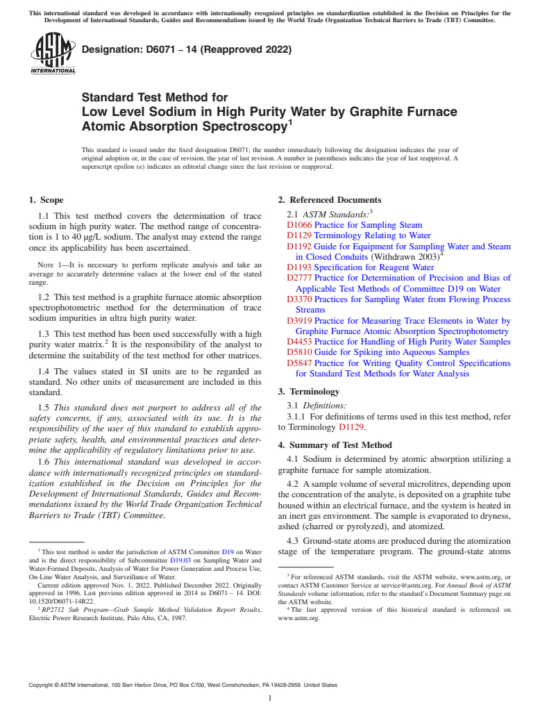 ASTM D6071-14(2022) - Standard Test Method for  Low Level Sodium in High Purity Water by Graphite Furnace Atomic   Absorption Spectroscopy