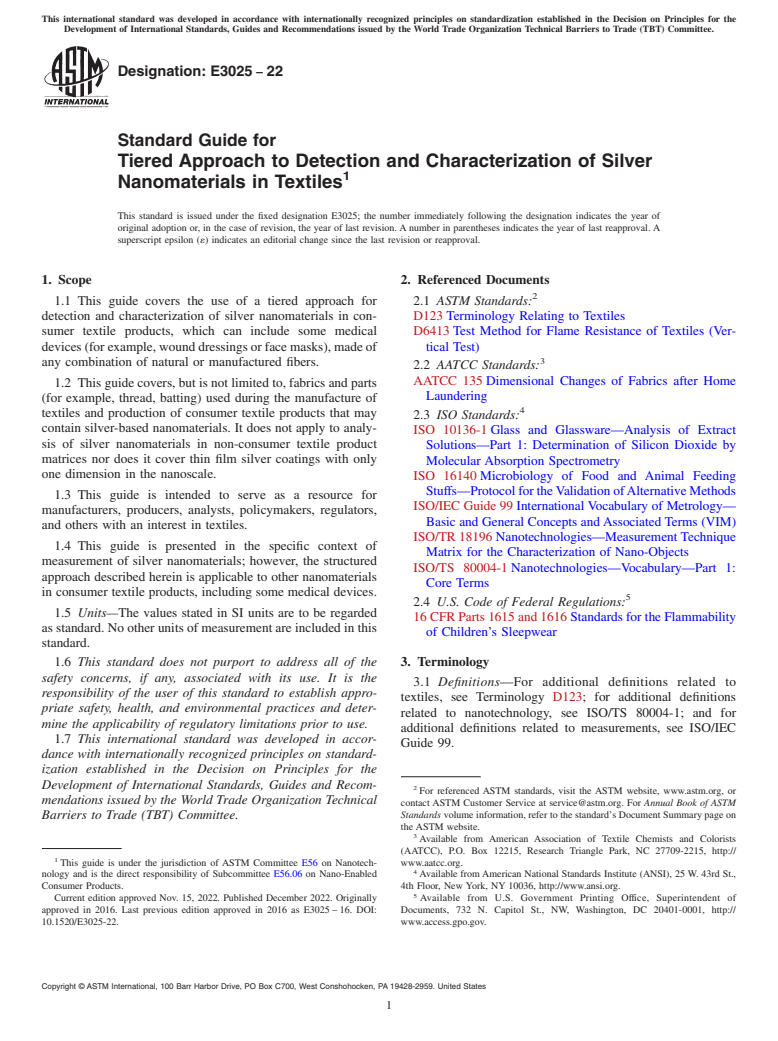 ASTM E3025-22 - Standard Guide for Tiered Approach to Detection and Characterization of Silver  Nanomaterials in Textiles