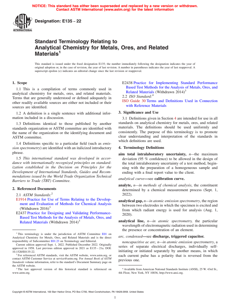 ASTM E135-22 - Standard Terminology Relating to  Analytical Chemistry for Metals, Ores, and Related Materials