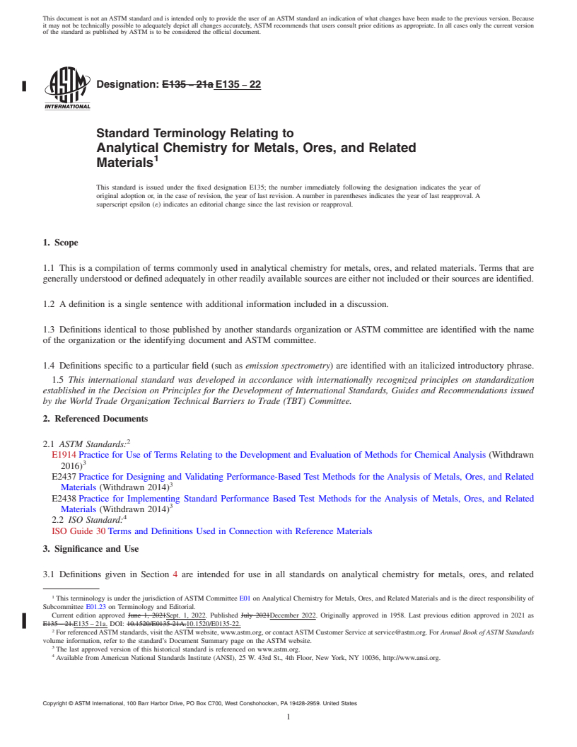 REDLINE ASTM E135-22 - Standard Terminology Relating to  Analytical Chemistry for Metals, Ores, and Related Materials