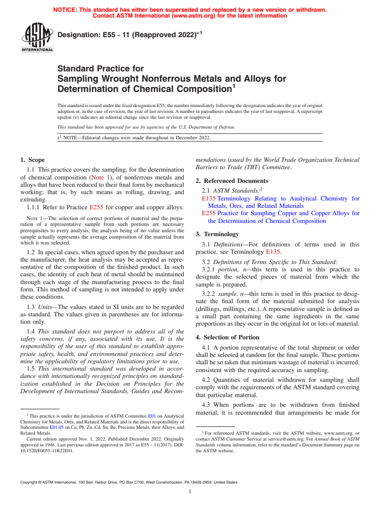 ASTM E55-11(2022)e1 - Standard Practice for  Sampling Wrought Nonferrous Metals and Alloys for Determination  of Chemical Composition