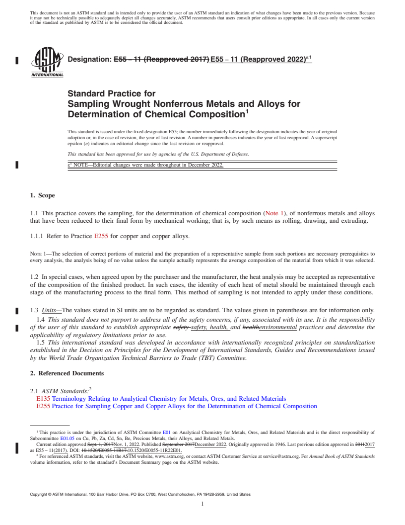 REDLINE ASTM E55-11(2022)e1 - Standard Practice for  Sampling Wrought Nonferrous Metals and Alloys for Determination  of Chemical Composition