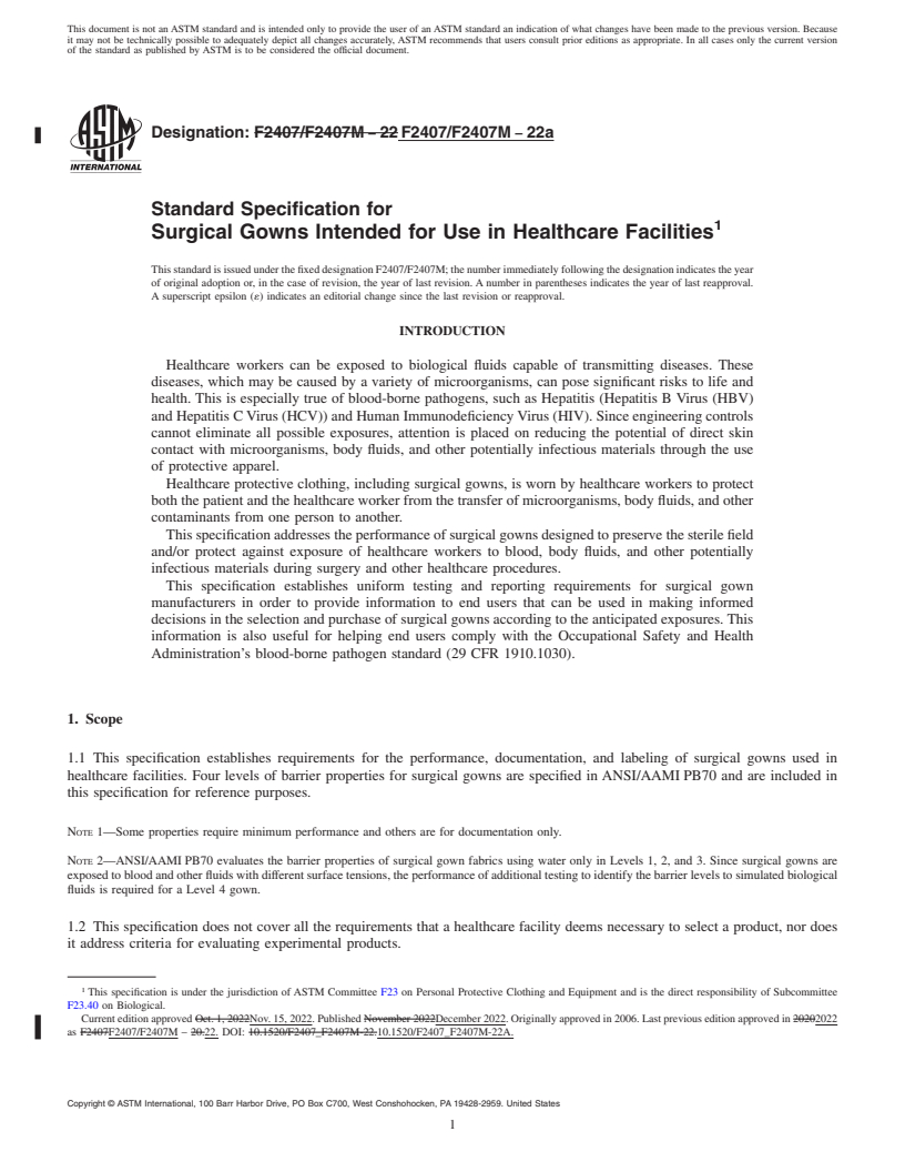 REDLINE ASTM F2407/F2407M-22a - Standard Specification for Surgical Gowns Intended for Use in Healthcare Facilities