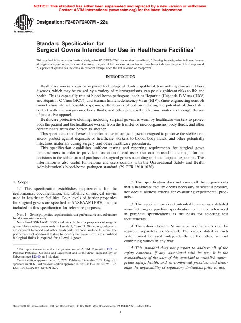 ASTM F2407/F2407M-22a - Standard Specification for Surgical Gowns Intended for Use in Healthcare Facilities