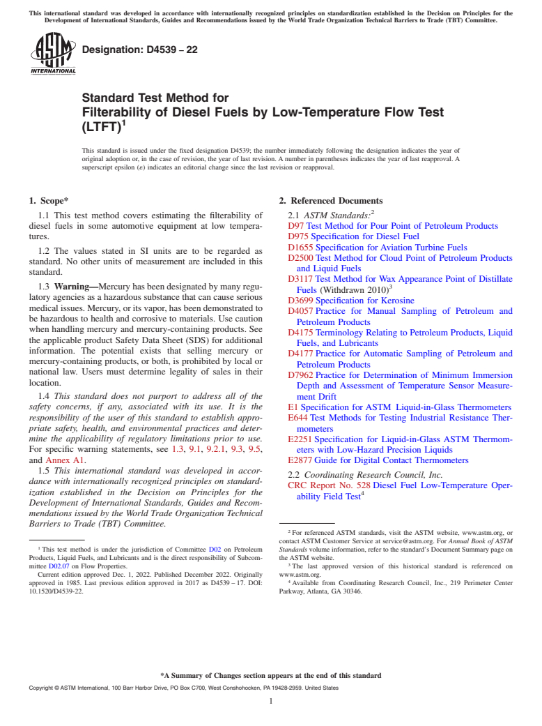 ASTM D4539-22 - Standard Test Method for  Filterability of Diesel Fuels by Low-Temperature Flow Test   (LTFT)