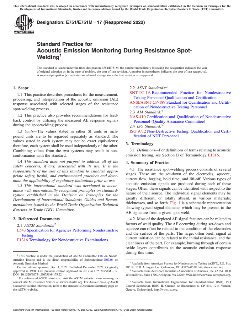 ASTM E751/E751M-17(2022) - Standard Practice for  Acoustic Emission Monitoring During Resistance Spot-Welding