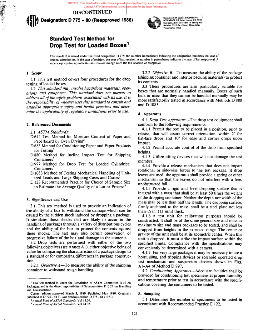 ASTM D775-80(1986) - Method for Drop Test for Loaded Boxes (Withdrawn 1993)