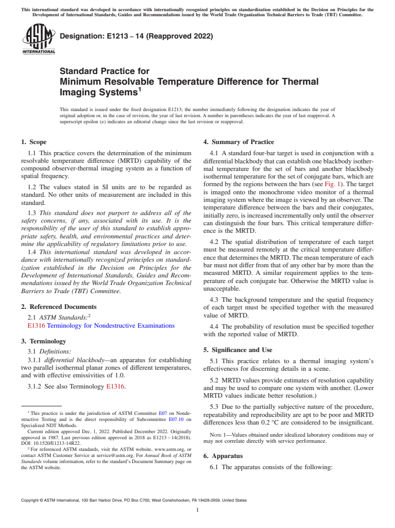 ASTM E1213-14(2022) - Standard Practice for  Minimum Resolvable Temperature Difference for Thermal Imaging  Systems