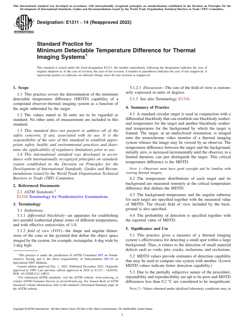 ASTM E1311-14(2022) - Standard Practice for  Minimum Detectable Temperature Difference for Thermal Imaging  Systems