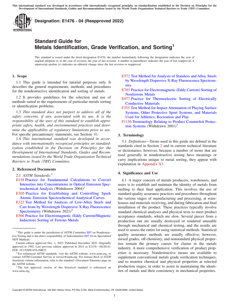 ASTM E1476-04(2022) - Standard Guide for  Metals Identification, Grade Verification, and Sorting